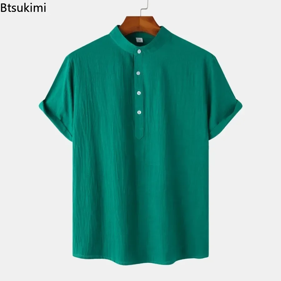 Blus Atasan Pria lengan pendek, blus pantai pria nyaman katun Linen kasual kerah berdiri polos musim panas