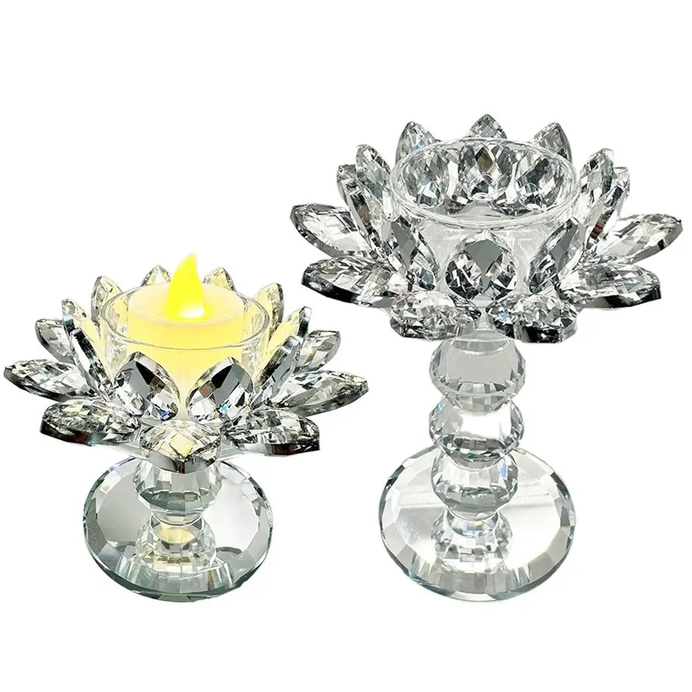 Bright Crystal Lotus Candlestick Elegant Anti-slip Glass Candle Stand Flat Bottom Durable Lotus Flower Figurines Coffee Table