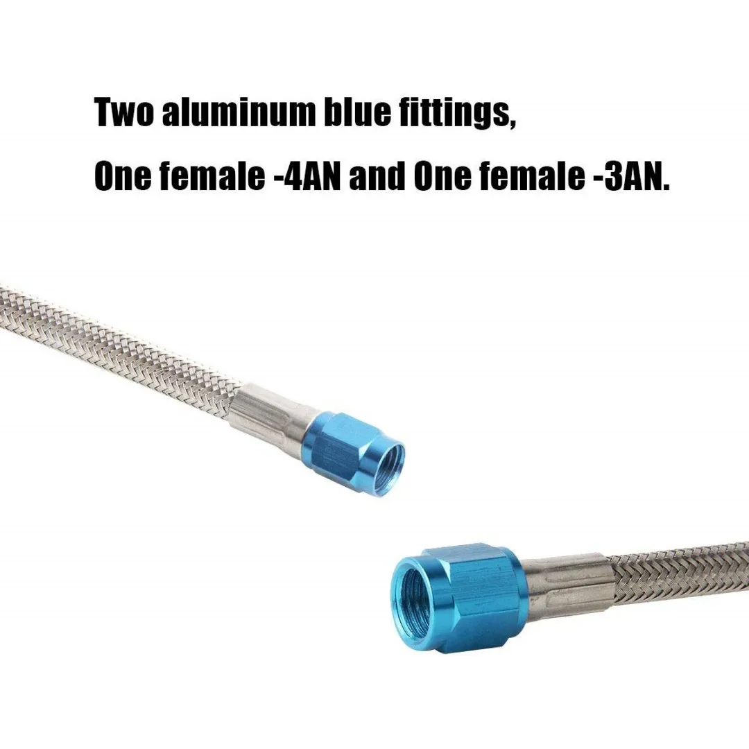 12in Nitrous Stainless Steel Braided Hose with -4AN and -3AN Blue Fittings Lined Stainless Steel Hose