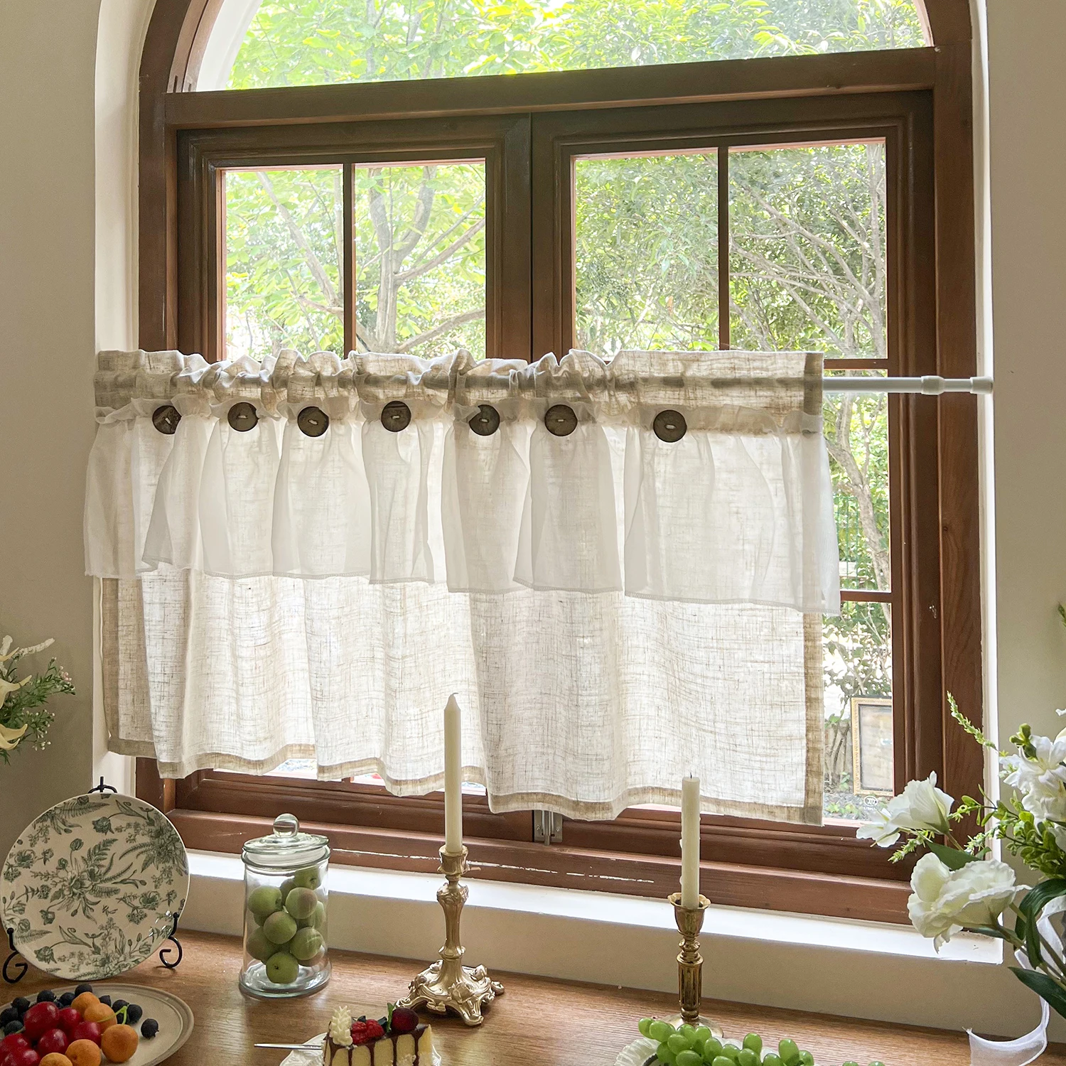 Countryside Double-layer Pleated Small Curtains For Kitchen,With Button Design Cafe Style Half Curtain,Affordable Linen Curtains
