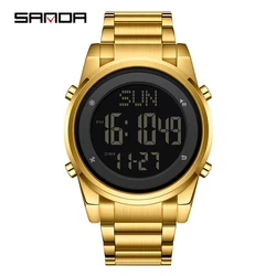 Fashion Sanda Top Brand Sport Multifunctional Men 2 time Military Led Digital Full stainless Steel Casual Waterproof Male Watch