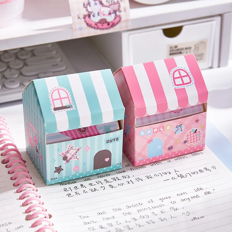 Patchwork Cartoon House Pull-Out Sticky Notes BoxCreative House-Shaped Note Dispenser Cute Kawaii Desk Organizer Memo Pad Holder
