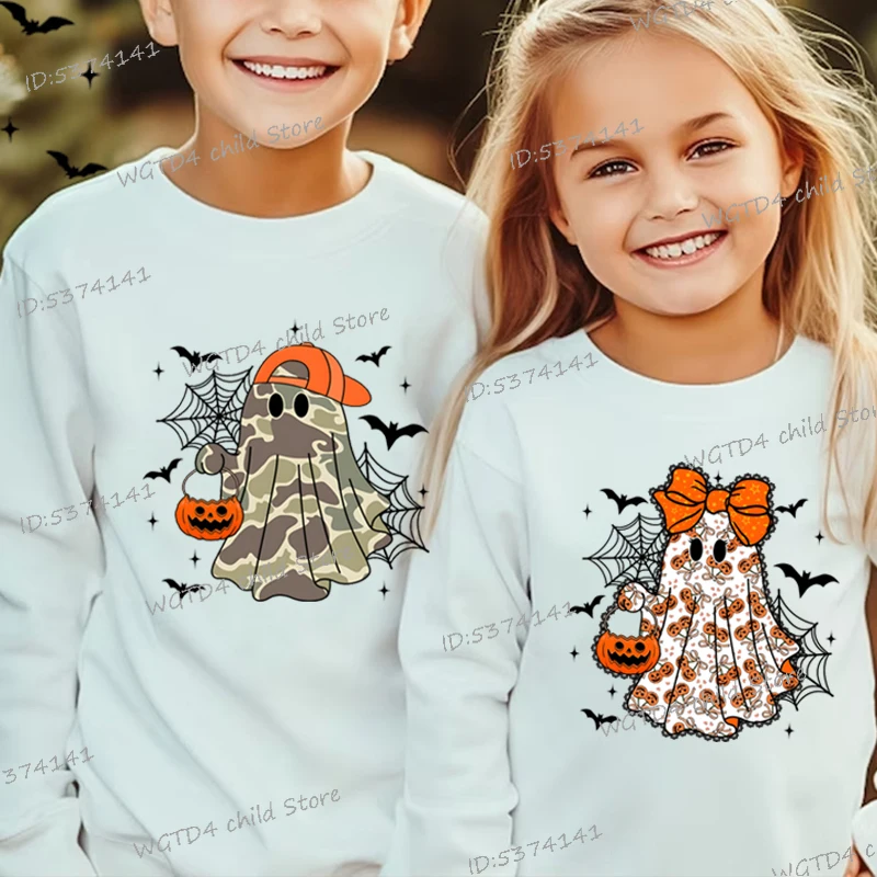 

Halloween Ghost Sibling Boy Girl Matching Outfits Clothes Spooky Season Gift T-shirt Brother Sister Fall Long Sleeve Sweatshirt