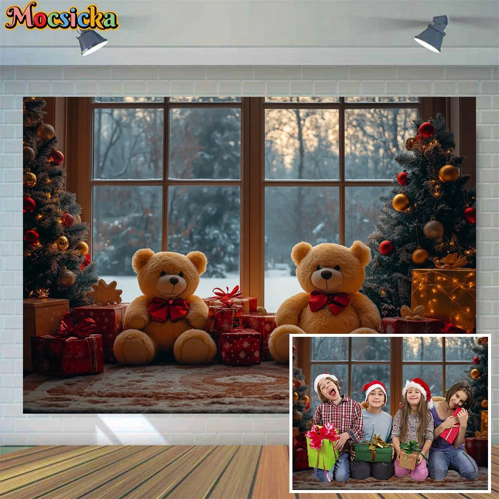 

Mocsicka Winter Christmas Bear Backdrop for Photography Xmas Tree Gift Box Window Snow Baby Children Photo Background Photoshoot