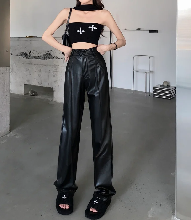 High Waist Straight Loose Casual Wide Leg Black Leather Pants Trousers Y2k Pant Pantalones De Mujer PU Streetwear Sexy 2024 Fall