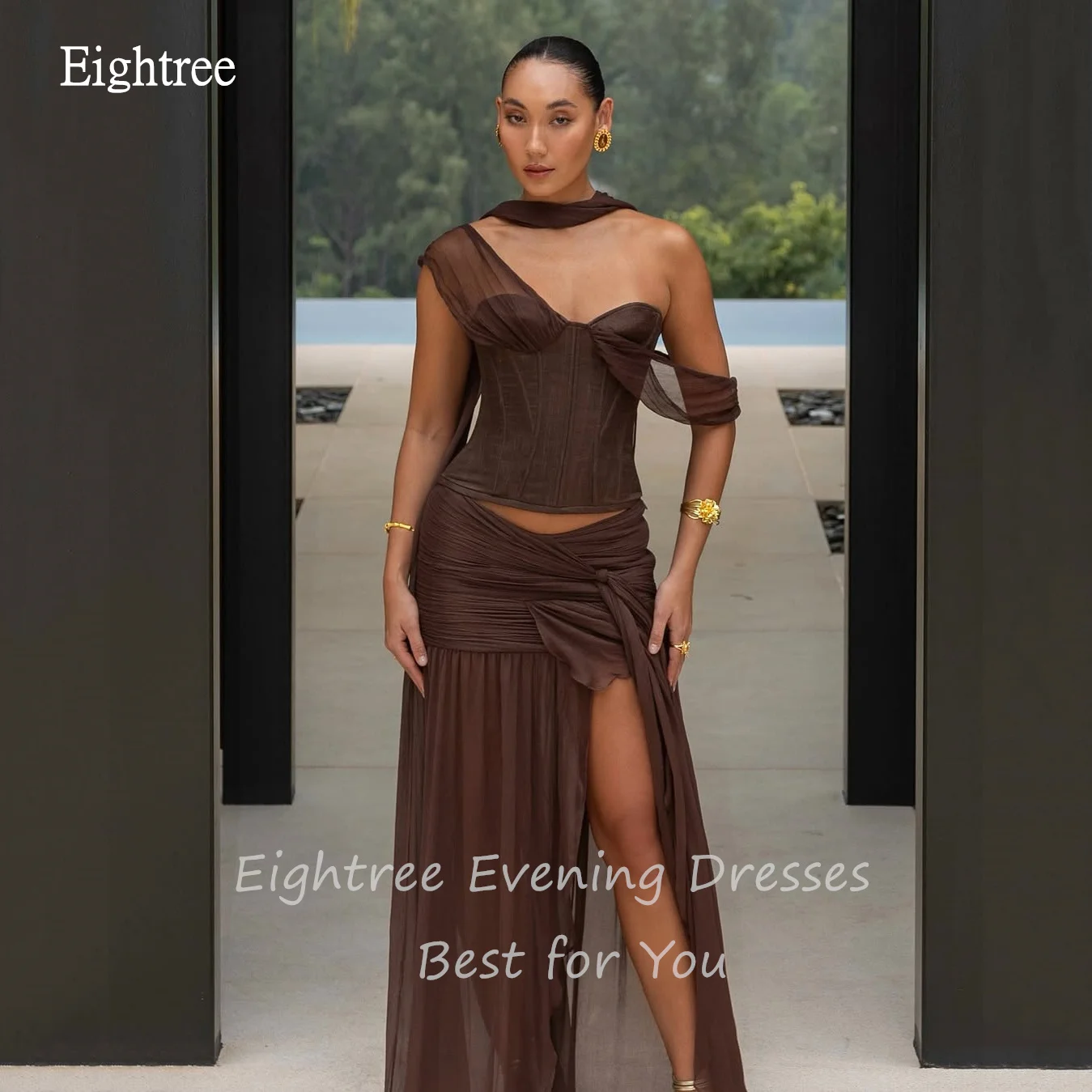 Eightree Sexy Brown Off The Shoulder A Line Prom Gowns Sweetheart Neck With Scarf Party Gown Long Evening Dress Customized