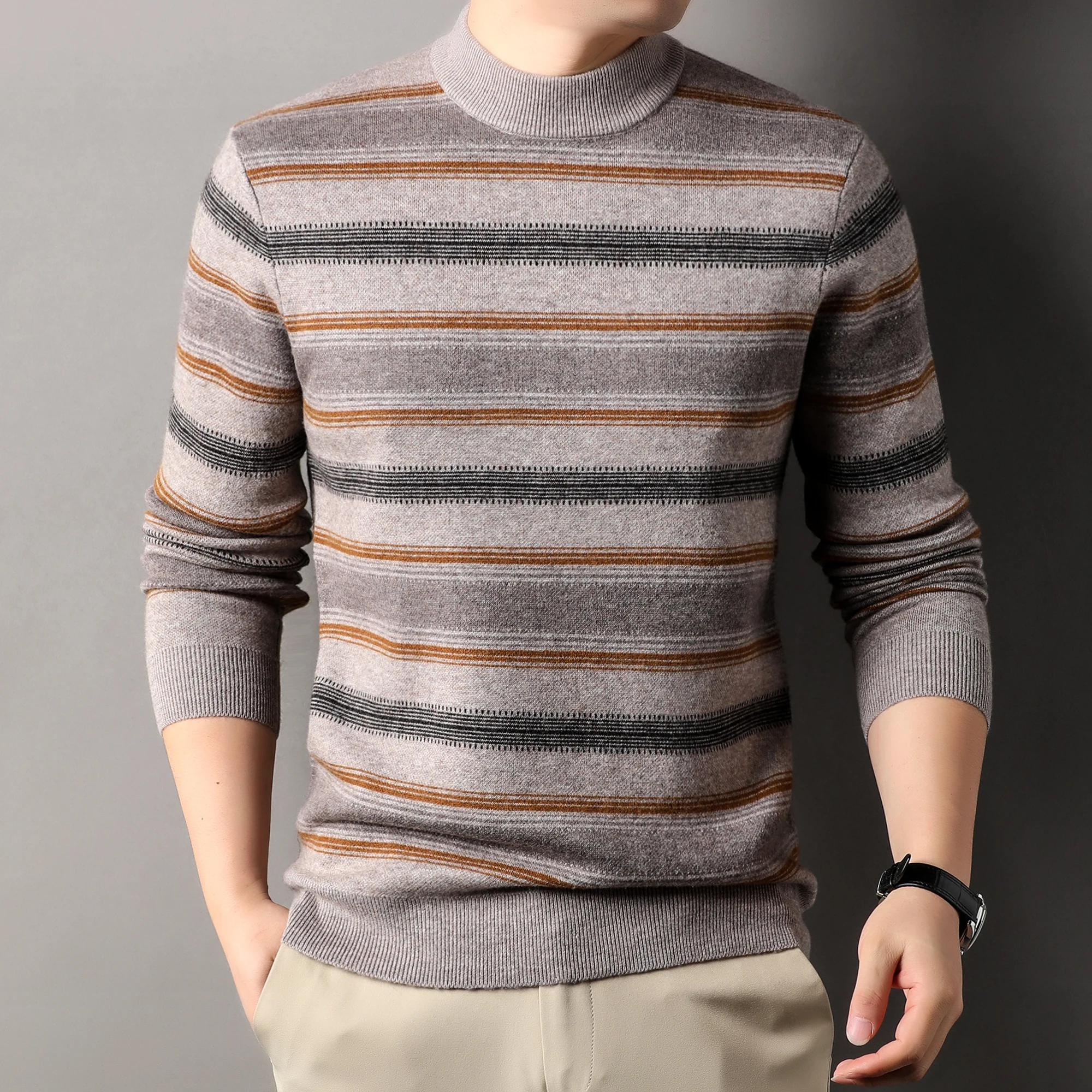 メンズ長袖カシミヤセーター,厚手のワイドストライプセーター,暖かいジャンプスーツ,100% シープウールニット