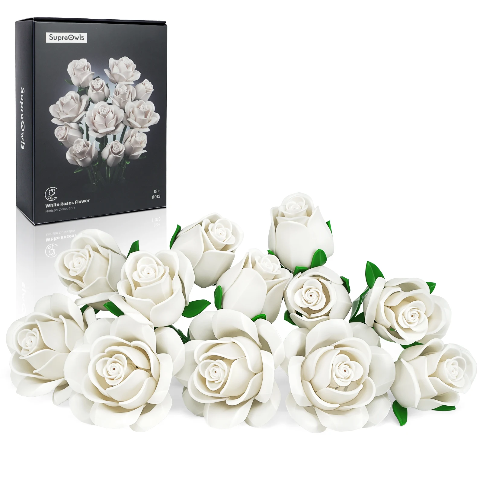 

White Roses Bouquet Building Set Block Flower Artificial Botanical Brick Collection Home Decor Wedding Valentines Gift for Adult