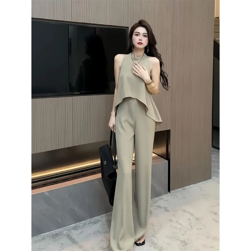 Women Summer Irregular Sleeveless Top High Waist Wide Leg Pants Elegant Two Piece Casual Suit