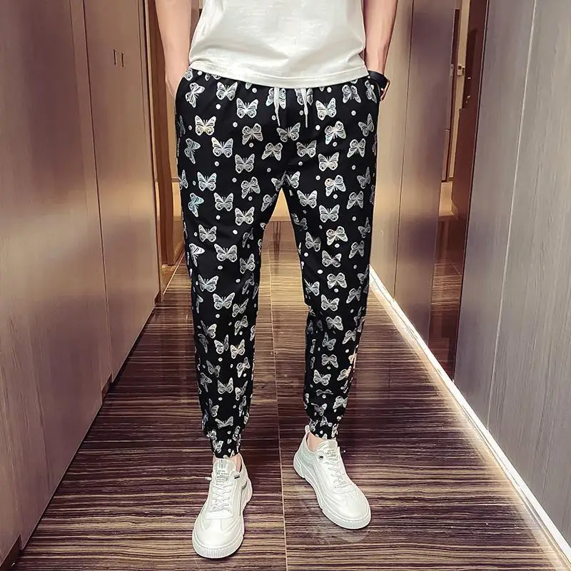 2023 Men\'s Clothing Summer Trend Korean Version Fashion Casual Bow Printed Loose Elastic Waist Sports Lightweight Wide Leg Pants