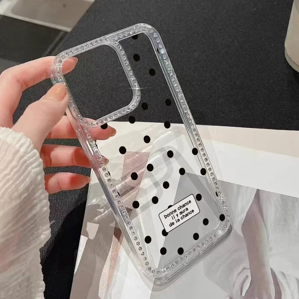 Painted Phone Case for Apple iPhone 17 16 15 14 13 12 Pro Max Air 11 Cases Rhinestone Border Polka Dot Good Luck Shockproof Capa view 3