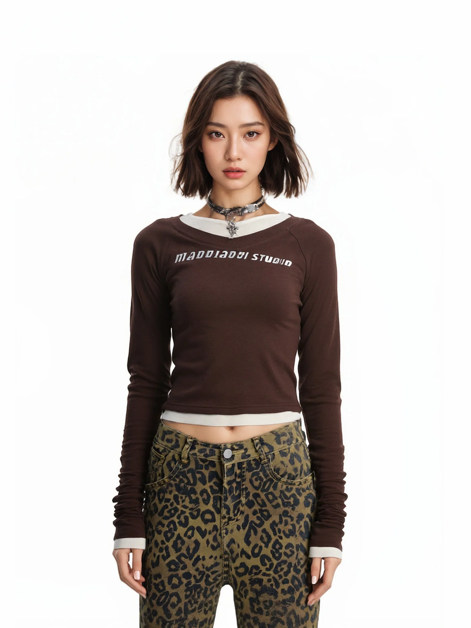 

Retro American Sle ort Sve T-irt Women's Autumn Color Blo Slim Fit Inner Wear Coffee Color Fake Two-Piece Top