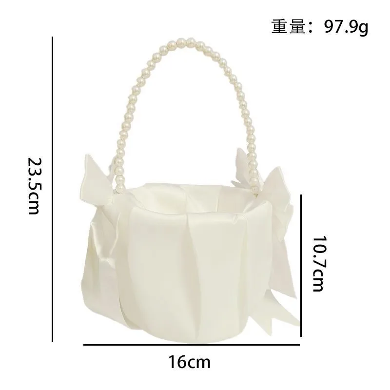 1Pcs Pearl Handle Flower Basket Satin White Western Wedding Basket Kids Hand Held Wedding Bowknot Flower Basket Party Decor image 5