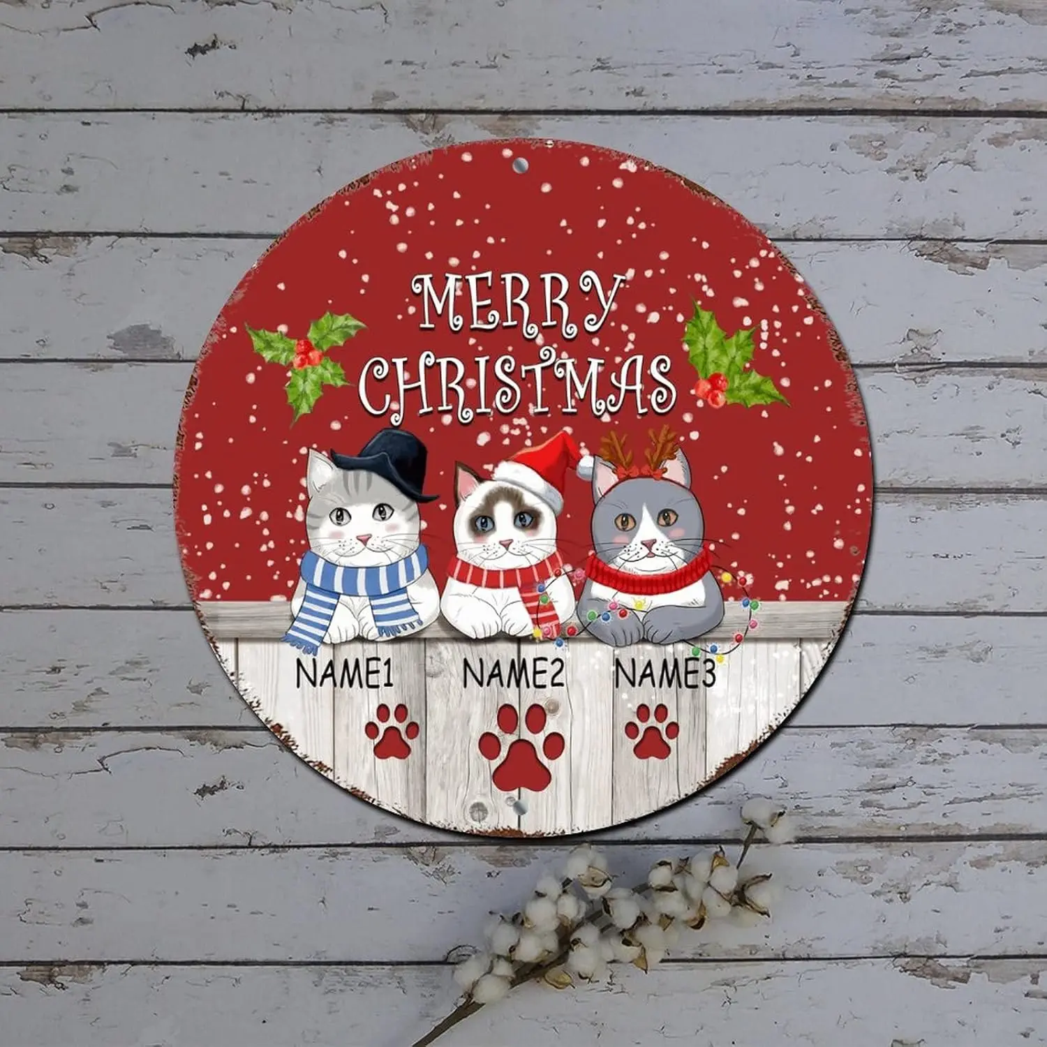 Christmas Wreath Signs Custom Cat Name Winter Snow Scene Round Metal Tin Sign Christmas Decorations for Cabinets Distressed Styl