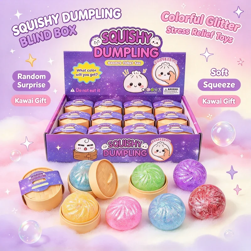 Kids Glitter Squishy Dumpling Blind Box Soft Squeeze Sensory Fidget Toy Random Color Collectible Surprise Toy Party Favor Gift