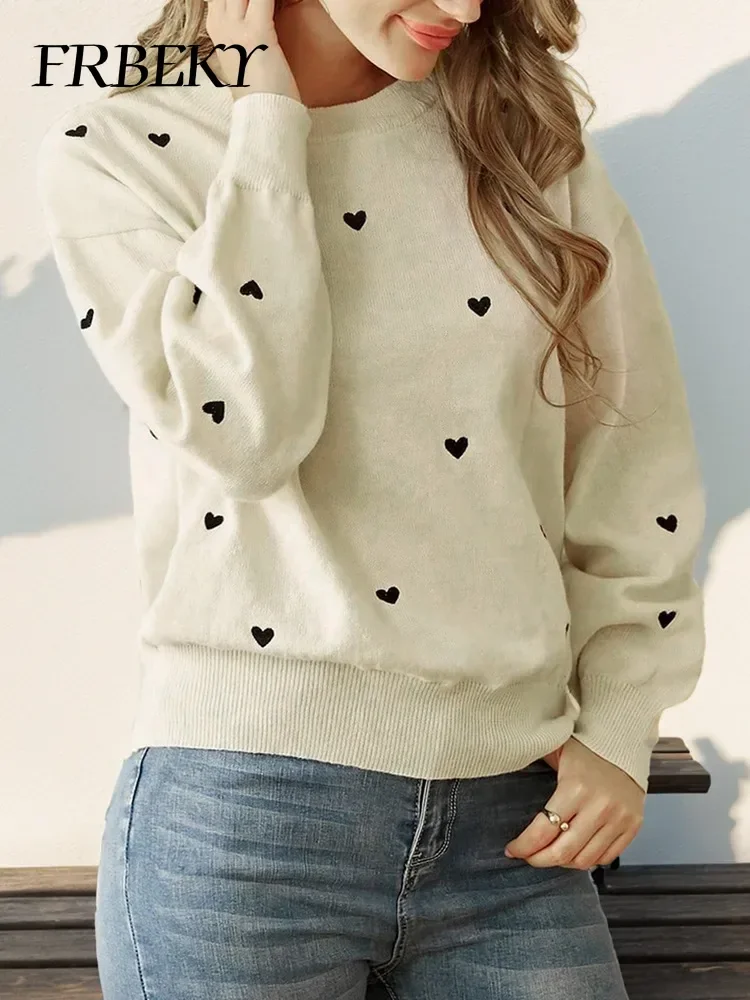 Camisola feminina elegante outono inverno novo amor em torno do pescoço camisola de manga comprida moda solta senhoras pulôver malhas jumper