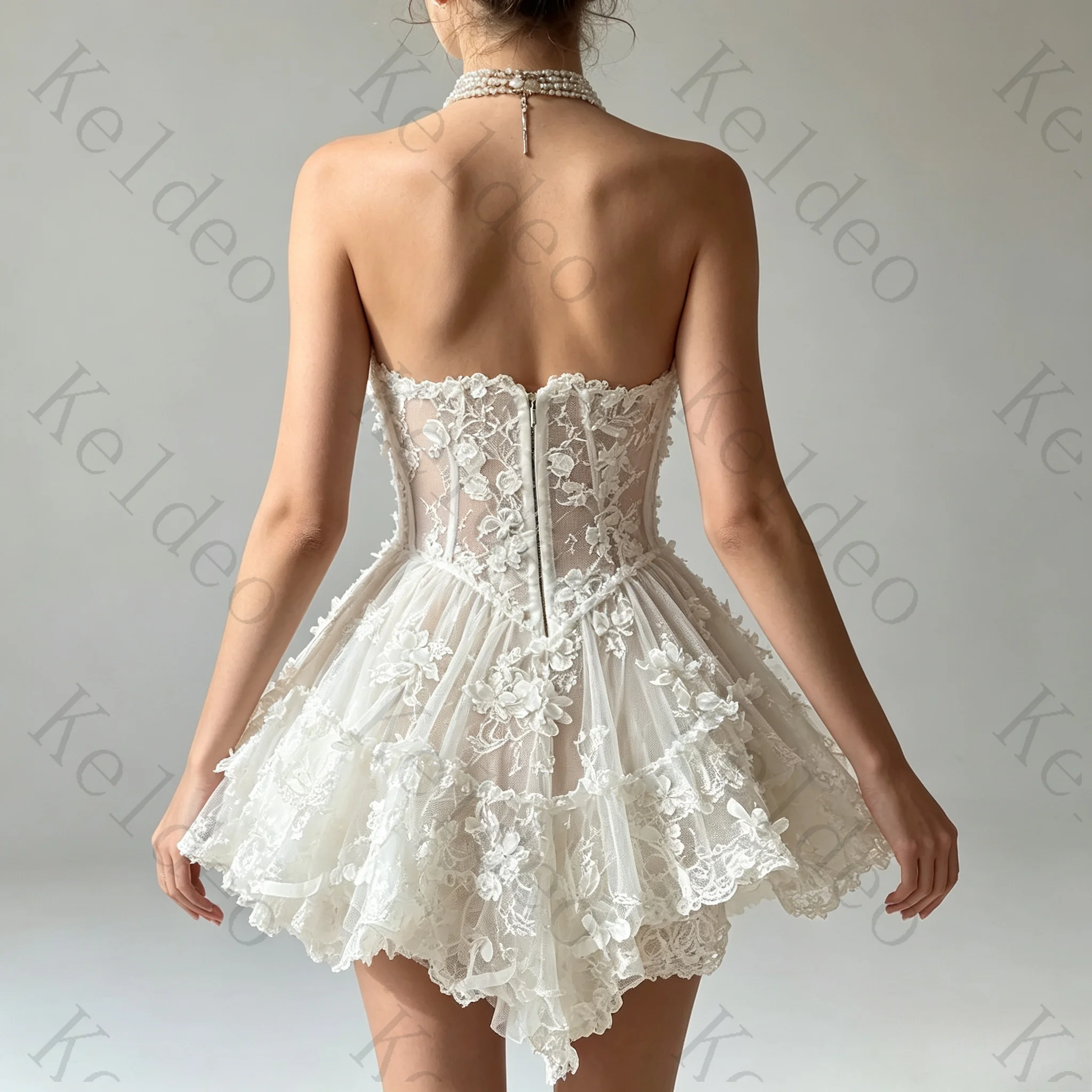 Customized Elegant Sweetheart A-line Sleeveless Wedding Dresses 3D Floral Lace Applique Ruffle Mini Length Open Back Bride Gowns