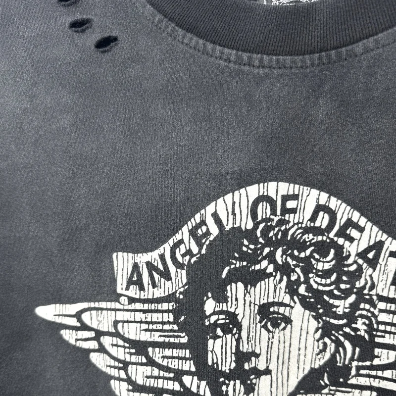 Retro Washed Hole Angel Print Saint Sweatshirts Black Round Neck Long Sleeve Tshirts Cotton Streetwear Men Women Pullover Tops