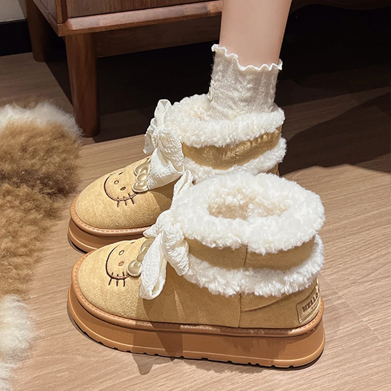 Sanrio Cute Bow Hello Kitty Warm and Versatile Thick Bottom Snow Boots Women's Winter New Anti Slip Short Boots Christmas Gift