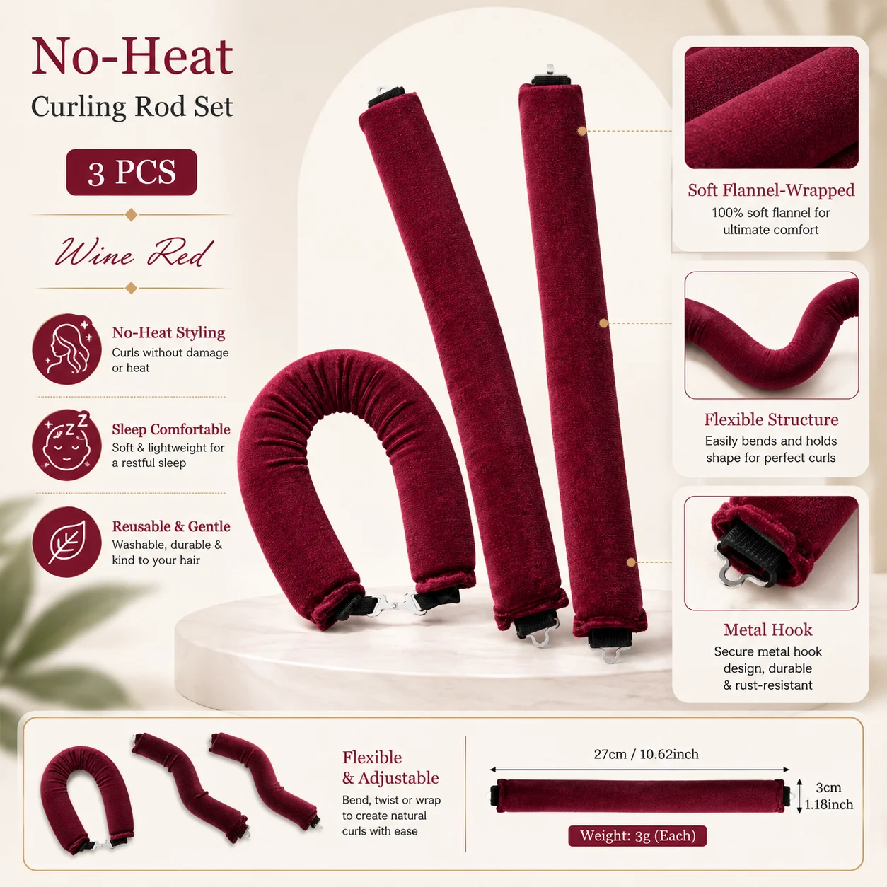3 Hooks Rubber Heatless Hair Curler No Heat Big Wave Hair Rollers Sleeping Hair Styling Tools view 4