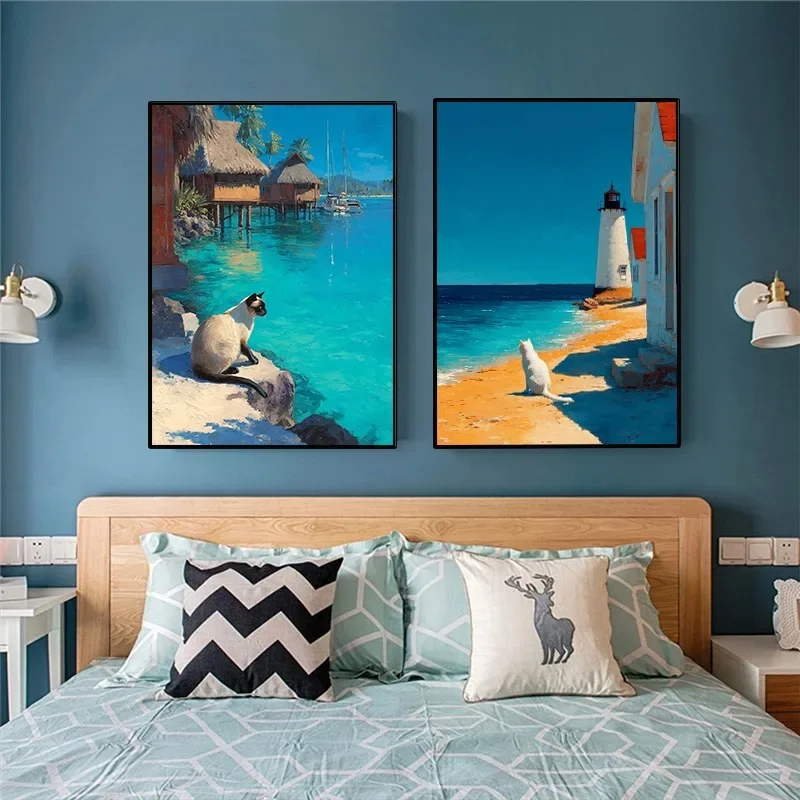 1pc frameless Canvas Painting 1pc frameless Summer Travel Mediterranean Coastal Luxury Villa Poster Tropical Beach Cat Canvas Pa