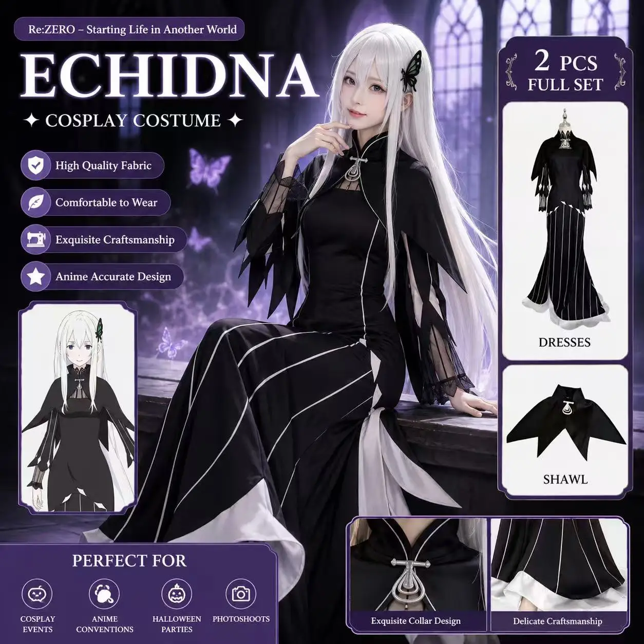 

Anime Re:Life in A Different World From Zero Echidna Cosplay Costume Evening Dress Long Skirt Woman Carnival Comic Con Suit