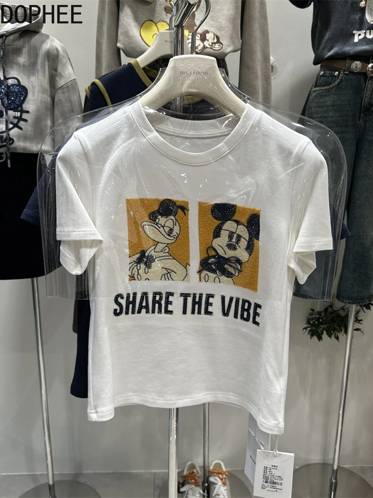 

2025 New Autumn Winter Sanding Short Sleeve T-shirt Embroidery Mickey High Waist Crop Top O-neck Slim Women Cotton Basic Tees