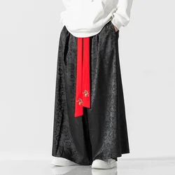 2025 Chinese Style Loose Wide Leg Pants Autumn Casual Black Skirt Pants Fashion Baggy Flared Pants Men Print Japanese Harajuku