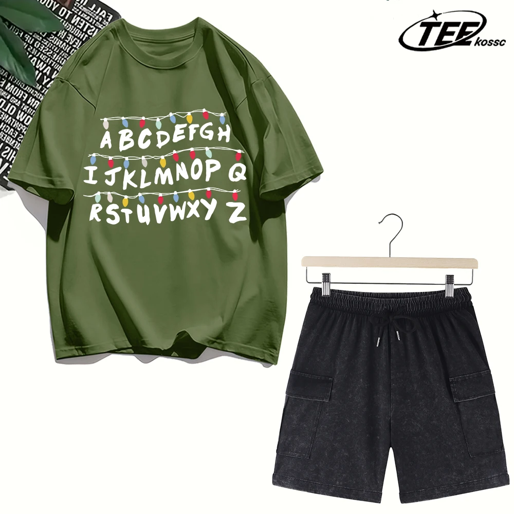 

Lights Letters Form A Wall Print Men T-Shirt Casual Oversize T Shirts Hip Hop Cotton Streetwear Summer All-Match Soft Short Set