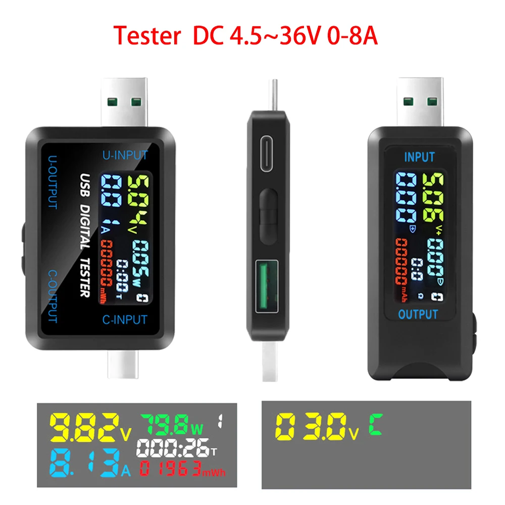 USB Type-C Tester 10 in 1 Current Voltage Capacity Meter DC 4.5-36V 0-8A Digital Voltmeter Ammeter Power Charger Indicator