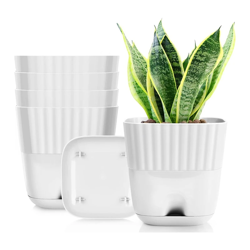 ABBO-Flower Pots 6 Inch, 5 Pack Square Plant Pots With Drainage Holes And Connectiong Saucer Tray, For Indoor Outdoor