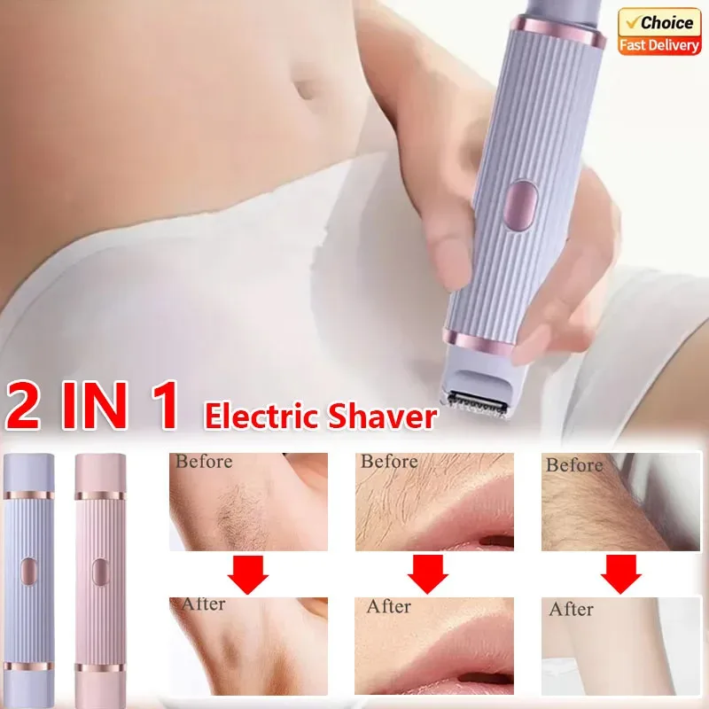 Waterproof 2in1 Electric Shaver for Women Bikini Hair Trimmer Wet Dry Use Dual Head Detachable Cordless Rechargeable