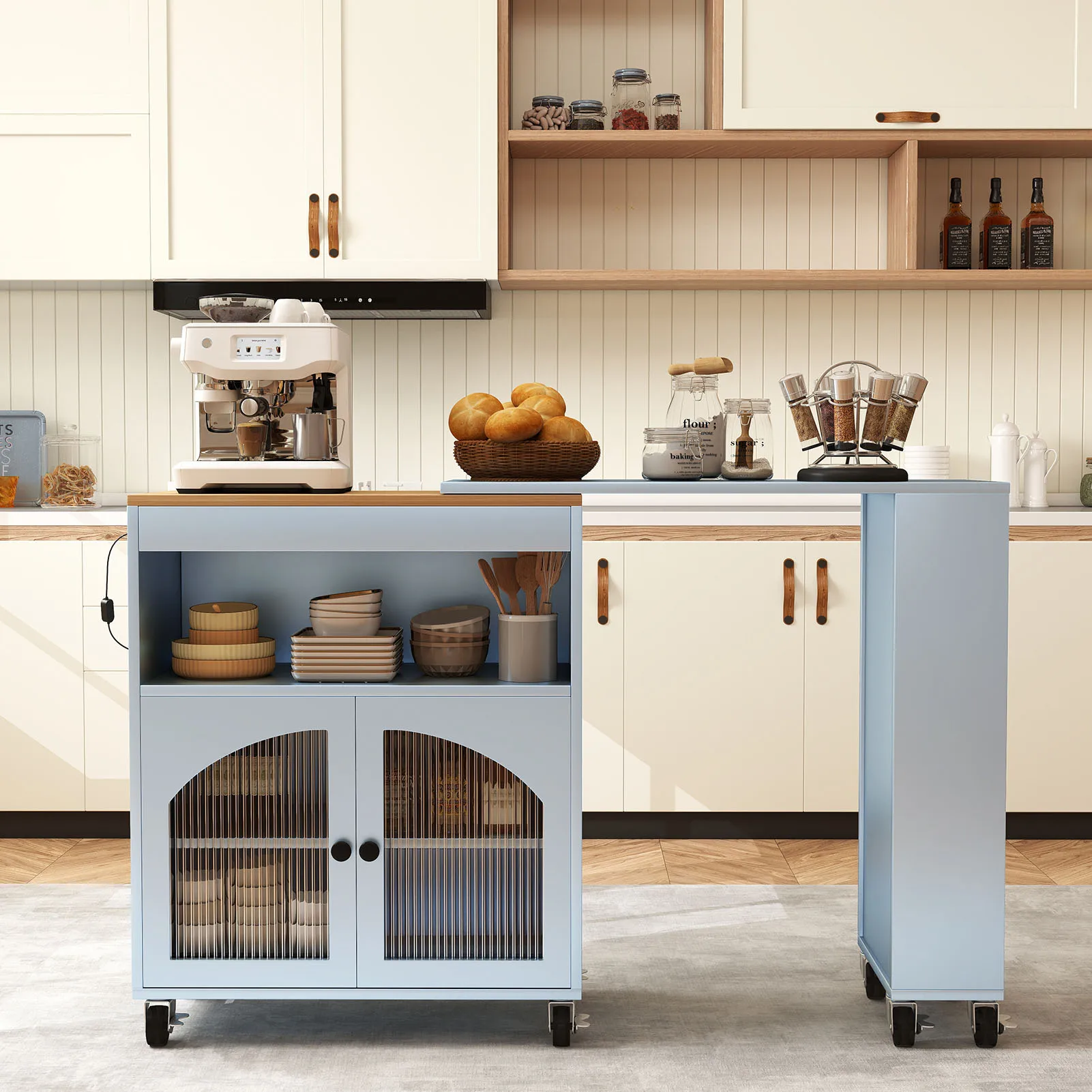 

Kitchen Island On Wheels with Extended Table MDF Rolling Kitchen Storage Cart with LED Light Power Outlets 2 Fluted Glass Door