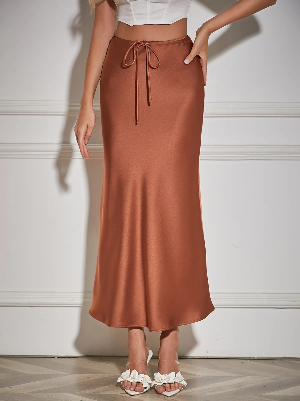High Waist Long Skirt with Drawstring Pure Color Half-length Women's Fashionable And Quality Available in Stock юбка женская