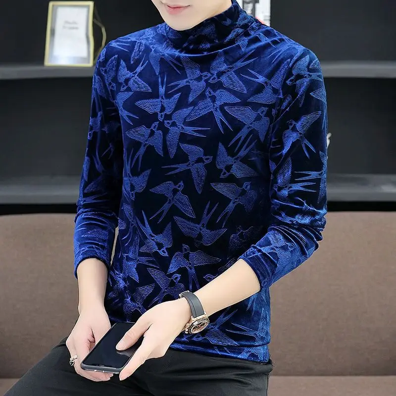 Trend Fashion Spring Autumn Golden Velvet New Men Mock Neck Printing New Korean Smart Casual Long Sleeve Bottoming Shirt Tops