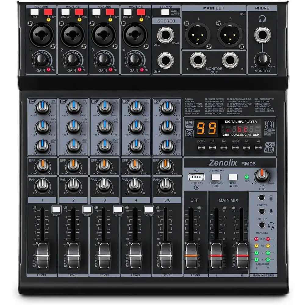 6-Channel Bluetooth Audio Mixer with USB Interface, XLR Inputs for DJ Mixing, Podcasting, and Live Streaming