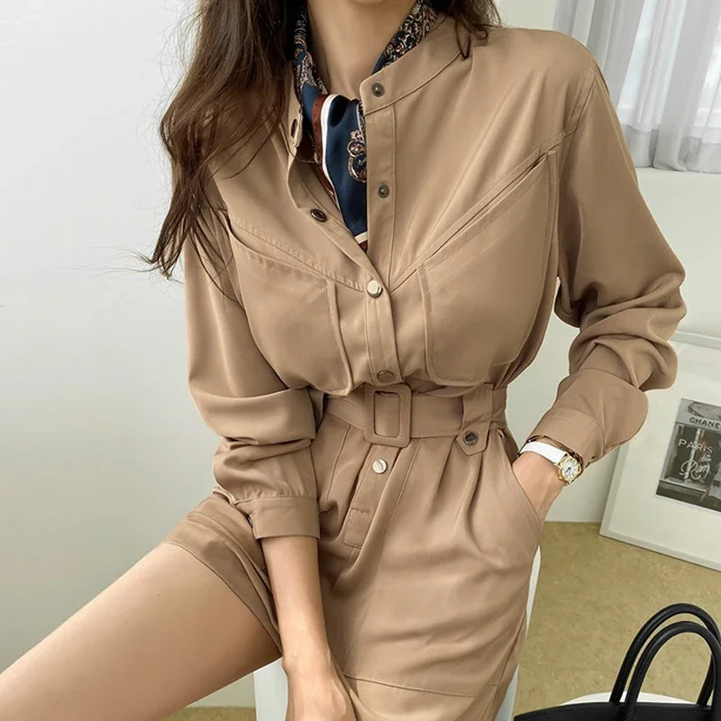 Mulheres manga comprida caqui Romper, Playsuit, Playsuit, Streetwear, Chique, Negócios, Elegância, roupas para senhoras