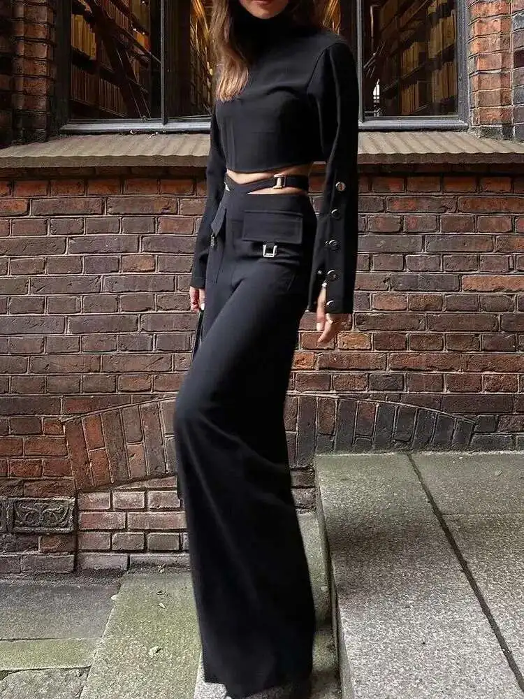 Tweedelige set met gekruiste kleuren en lange mouwen met hoge kraag ​   Effen damesbroek met wijde pijpen, kantoorkleding