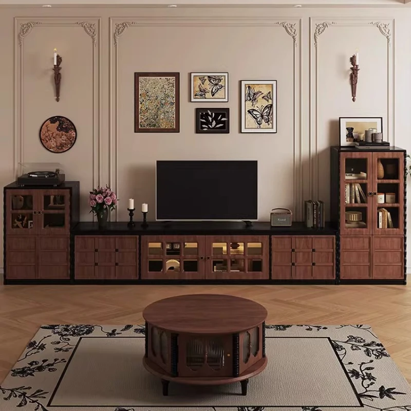 

French antique TV cabinet retro solid wood living room small apartment floor display module combination