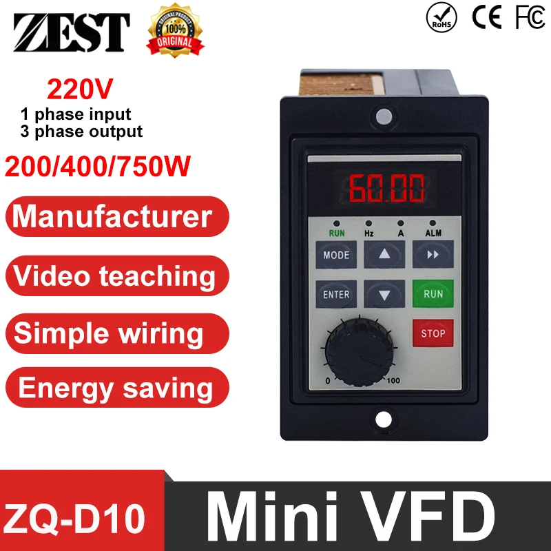 ZQ-D10 Mini VFD Variable Frequency Drive Converter 220V 0.2KW/0.4KW/0.75KW for AC Motor Speed Control Inverter