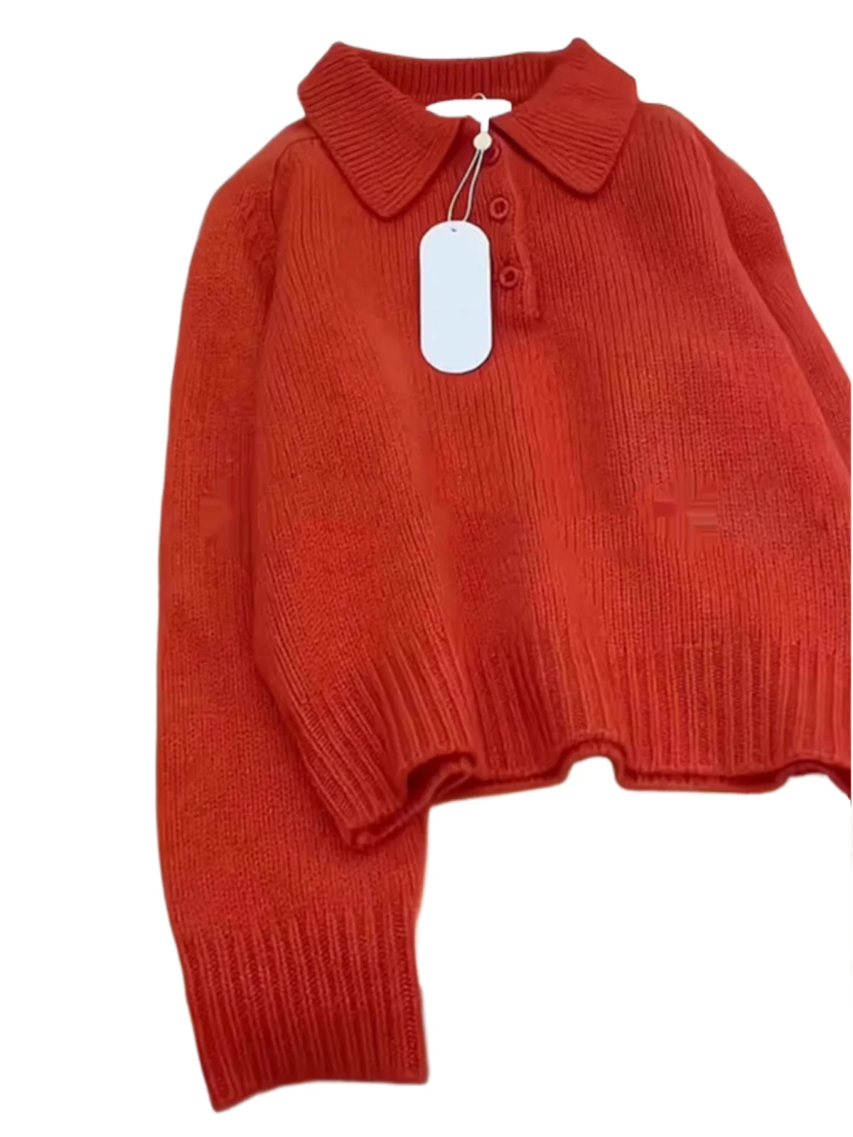 

Orange Red Turndown Collar Knitted Sweater Women Autumn Winter Sleeved Pullover French Style Solid Versatile Loose Jumpers Top