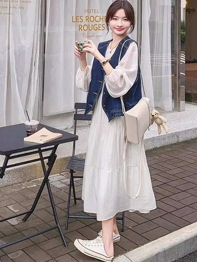 Summer  College Style Women's Two-Piece Set Slimming Dress Long Sleeve round Neck Button-Up Shirt And Skirt Ensemble