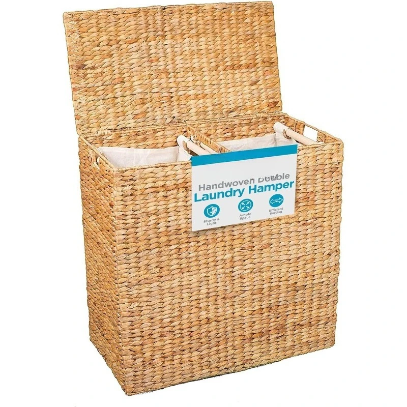 

Home Water Hyacinth Laundry Hamper Divided Interior (Natural) | Eco Friendly | Made of Hand Woven Hyacinth Fibers | Inc