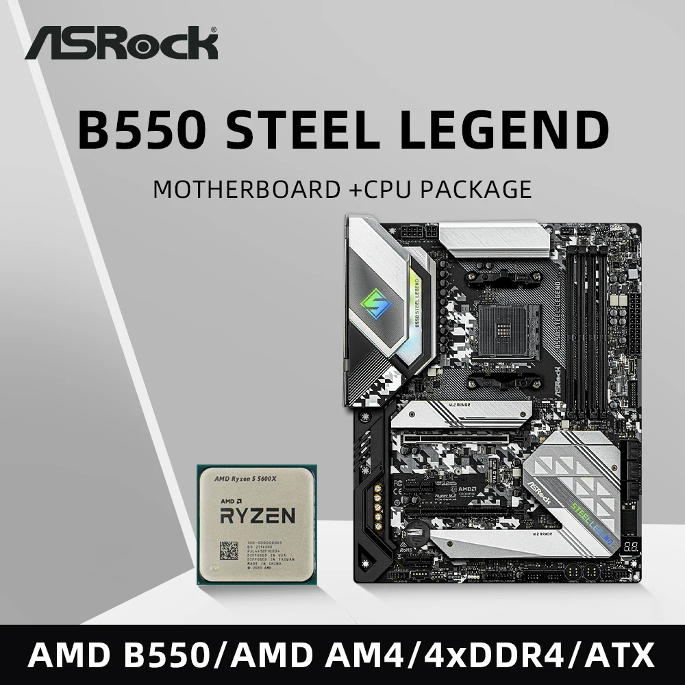 ASRock B550 Steel Legend Motherboard Set Kit with Ryzen 5 5600X CPU 4xDDR4 4733MHz M.2 NVME HDMI AMD B550 ATX AM4 Mainboard