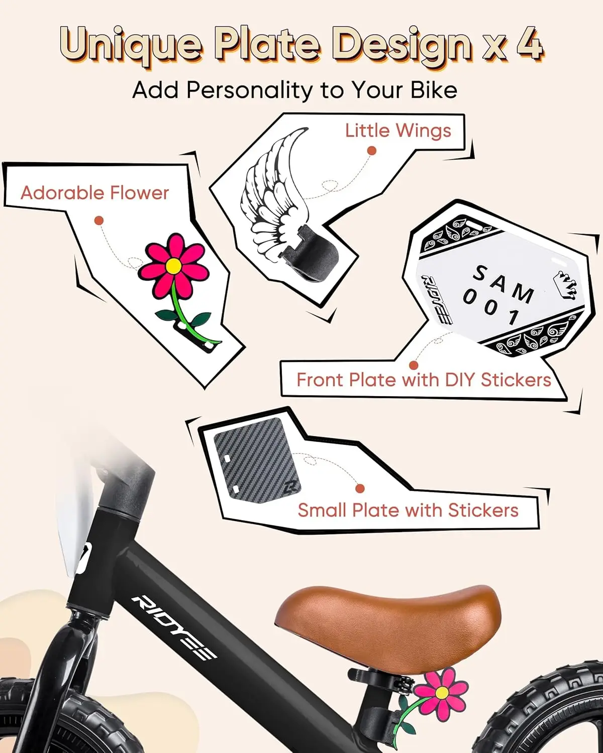 Bicicleta de equilíbrio infantil de 2 anos, bicicleta sem pedal de 12 polegadas para idades de 2 a 5 anos com guiador reforçado atualizado para passeios estáveis, D