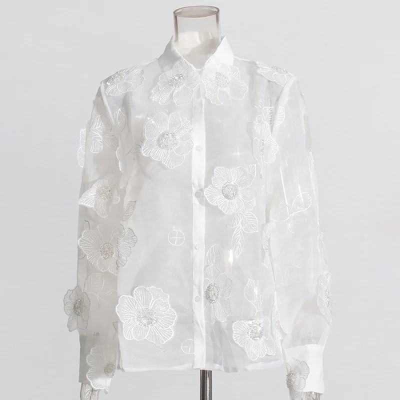 Sweet 3D Flower Shirts Sequins Mesh See Through Blouses Single Breasted Lapel Long Sleeve Tops Spring Summer Female Fashion