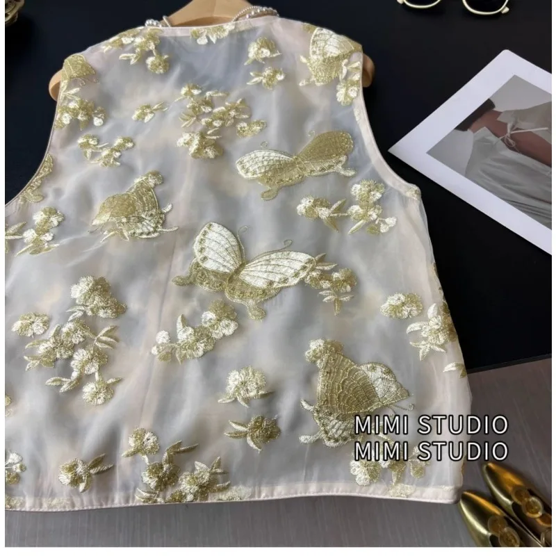 Organza Gold Butterfly Vest for Women 2025 Autumn Butterfly Embroidery Chinese Style National Lace Shirt Vest Top