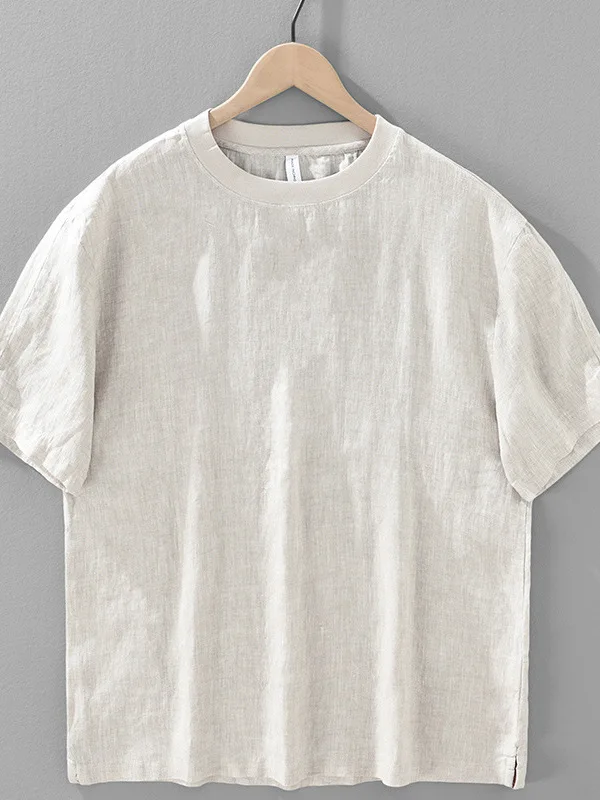 

Pure Linen round Neck Short Sleeve T-Shirt Men's Summer Thin Breathable Loose Full Linen Material Sunscreen Trendy Top