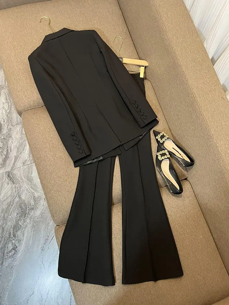 Women Elegant Work Blazer Black Suit Noted Jacket Coat Top And Long Pant Two Piece Set Matching Outfit Office Formal Clothing