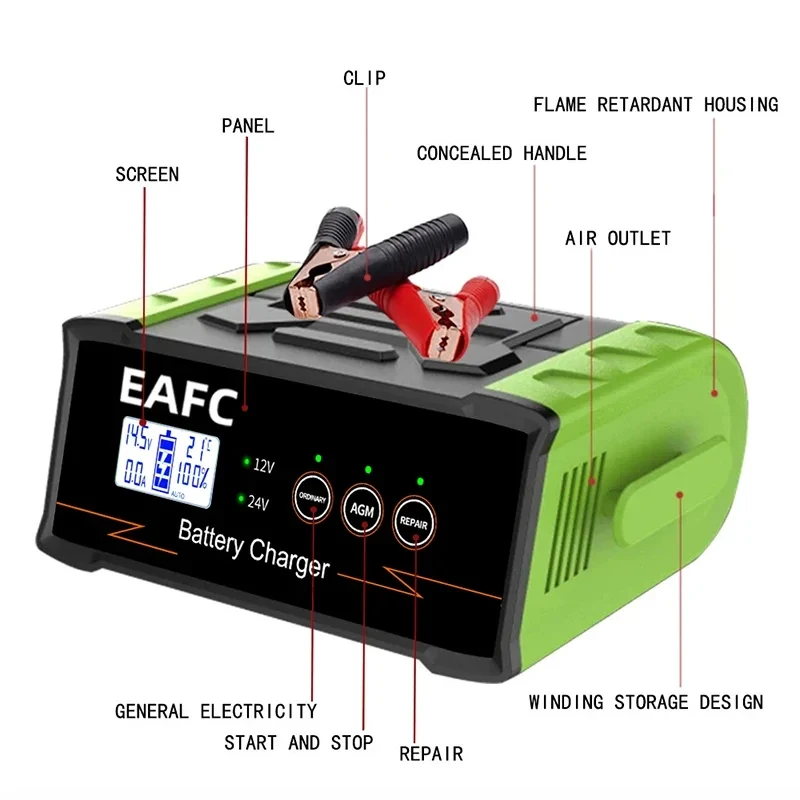 Ładowarka samochodowa EAFC 12V-24V o dużej mocy 300W/400W Inteligentna ładowarka akumulatorów Szybkie ładowanie na mokro i sucho Cyfrowy wyświetlacz LCD z kwasem ołowiowym — zdjęcie 4